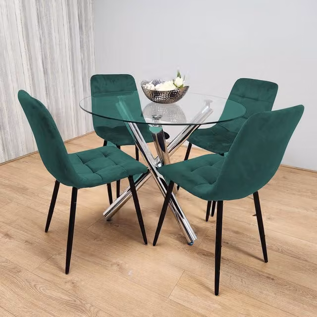Kosy Koala Modern Round Glass Dining Table and Green Chairs Set with Chrome Metal Legs
