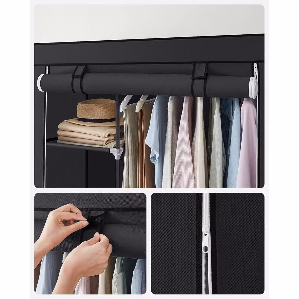 The Bazaarist Black Fabric Wardrobe with Internal Shelves and Hanging Rail – 4