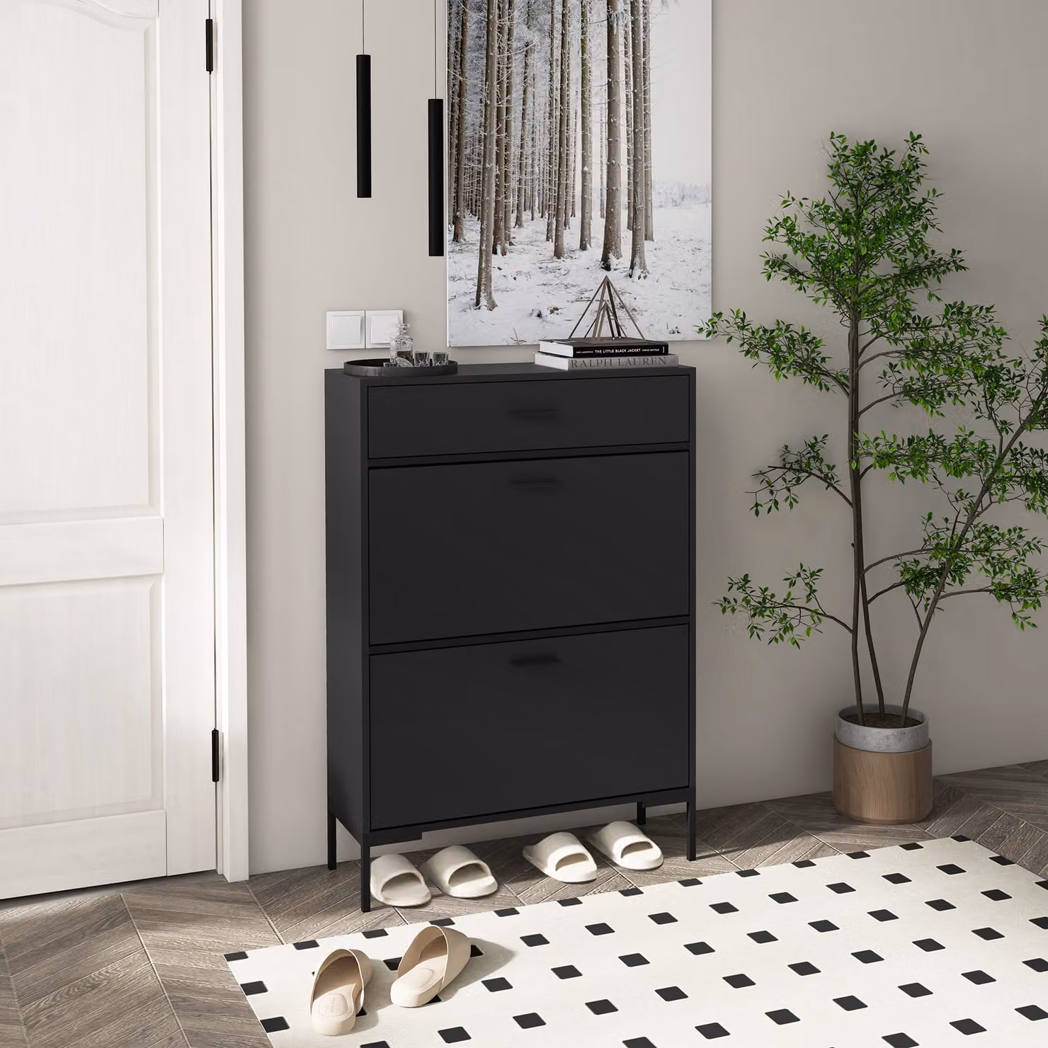 HOMCOM Black 3 Drawer Shoe Cabinet with Tilting Compartments and Internal Shelves for 12 Pairs of Shoes, H: 110 cm, W: 75 cm, D: 25 cm – 2
