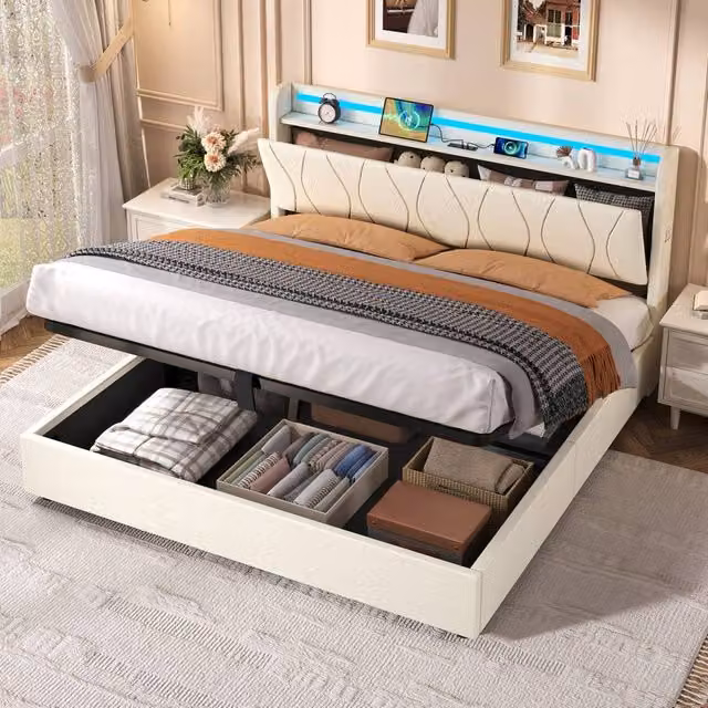 BTM King Bed with Hydraulic Storage, LED Lighting and USB Charging Headboard in Beige, W/D/H: 150 x 200 x 155 cm