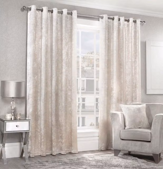 Luxury Living Cream Crushed Velvet Fully Lined Eyelet Curtains, Width: 168 cm, Drop: 229 cm