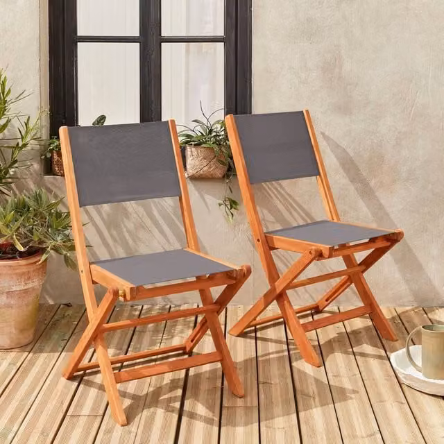 Sweek Pair of Foldable Wooden Garden Chairs in Dark Grey with Armrests and Removable Weather-Resistant Cushions