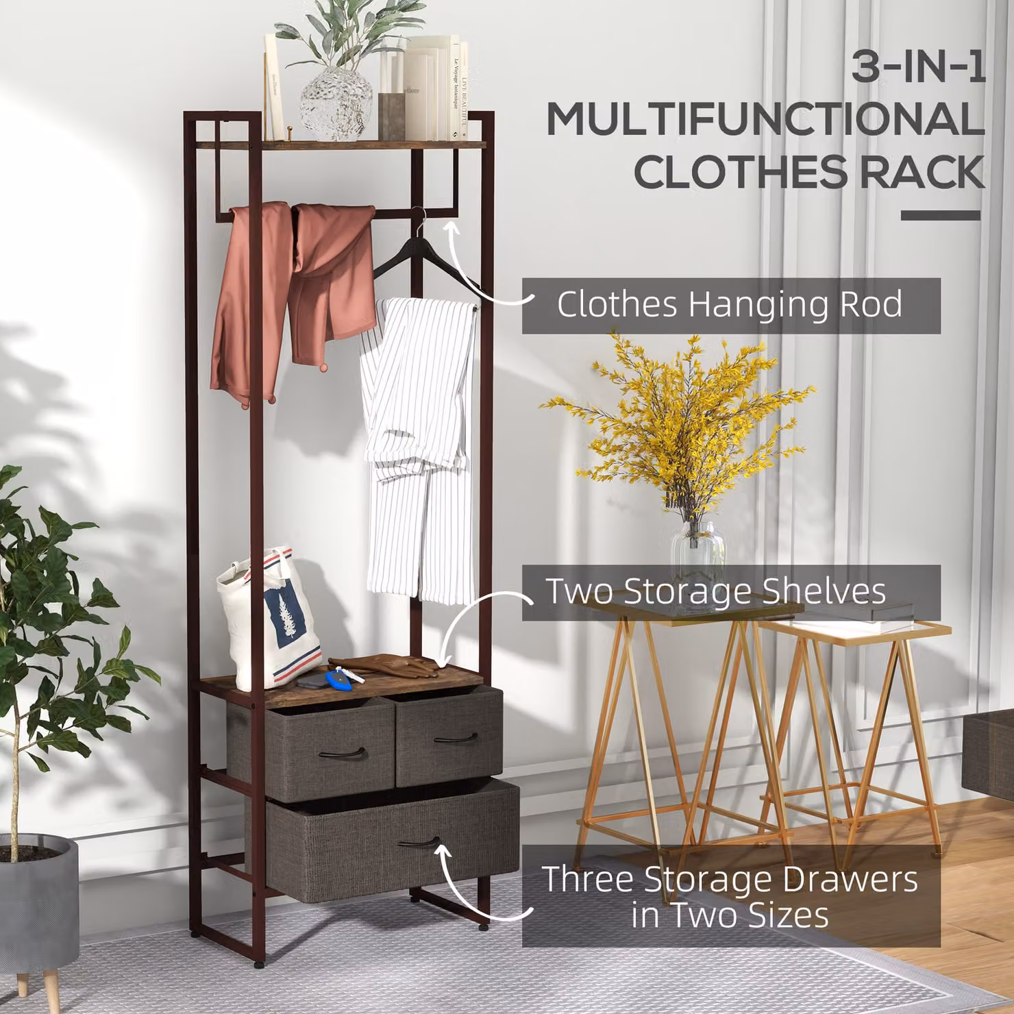 HOMCOM Rustic Free Standing Clothes Rail with 3 Fabric Drawers and Storage Shelves – 4