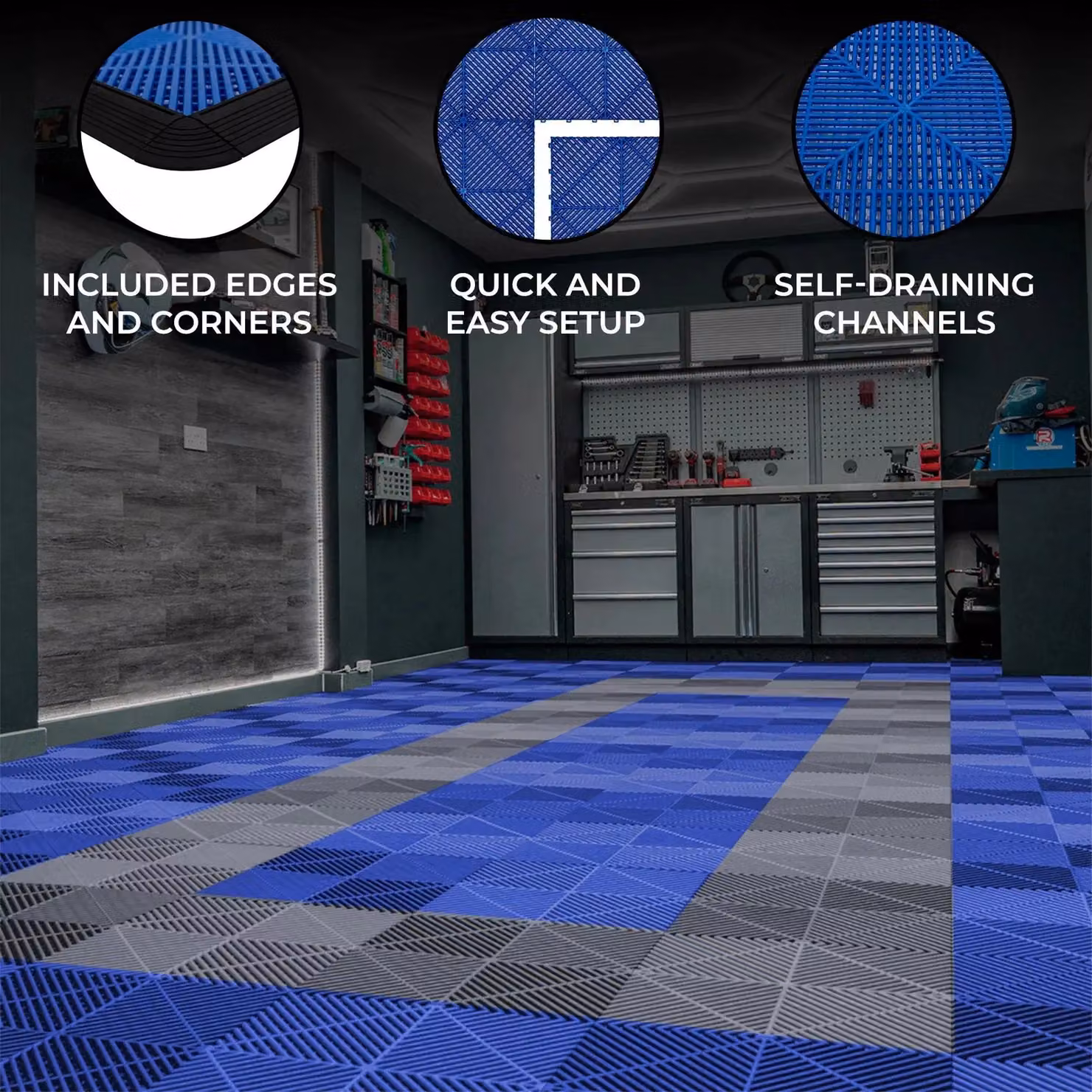 Monstershop Vented Plastic Garage Floor Tiles with Edges, 90 Blue and 30 Grey – 2