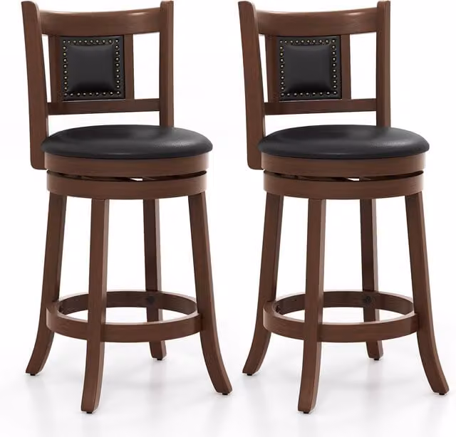 Costway Set of 2 Brown Synthetic Leather Swivel Bar Stools