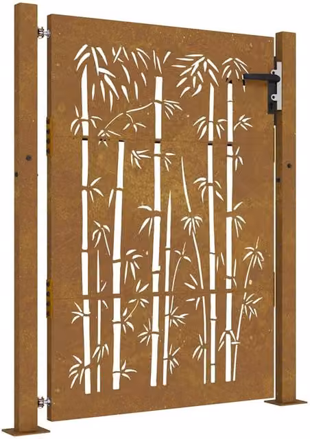 Berkfield Home Garden Gate in Brown Corten Steel with Bamboo Design, W: 105 cm, H: 130 cm – 1