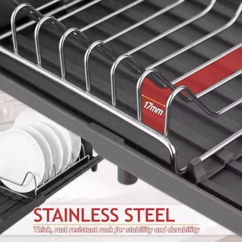 Spares2go Expandable Stainless Steel Dish Drainer with Cutlery Holder, Black – 7