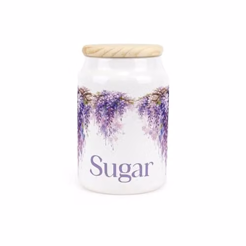 Purely Home Purple Wisteria Floral Ceramic Sugar Canister with Wooden Lid, 600ml, H: 14.5 cm, W: 9.5 cm