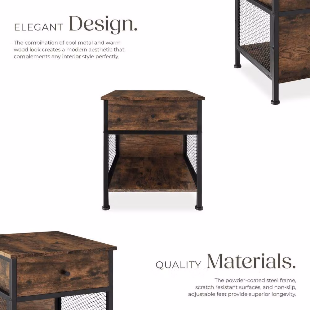 tectake Killarney Bedside Table with Shelf, Drawer and Open Storage in Brown – 3