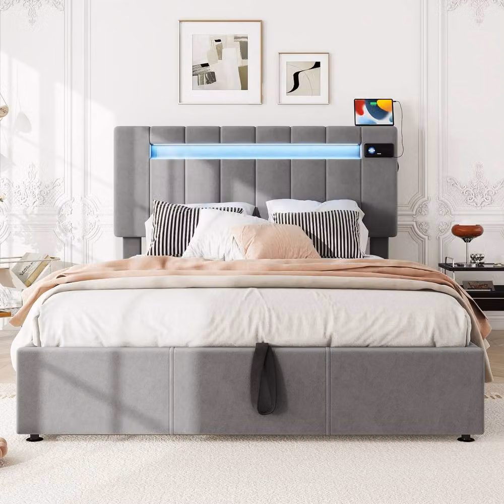 ModernLuxe Grey Velvet Double Ottoman Bed with LED Lights and USB Charging Port, W/D/H: 135 x 190 x 120 cm – 5
