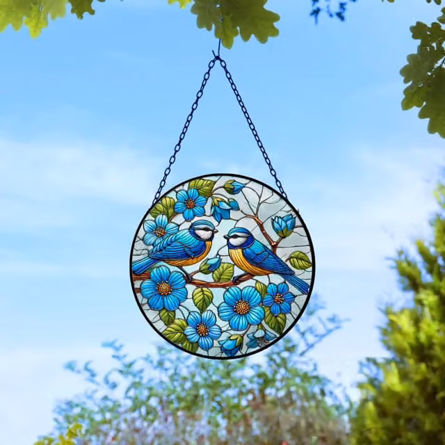 Betley Butterfly Round Stained Glass Bird Suncatcher in Blue, Yellow and Black