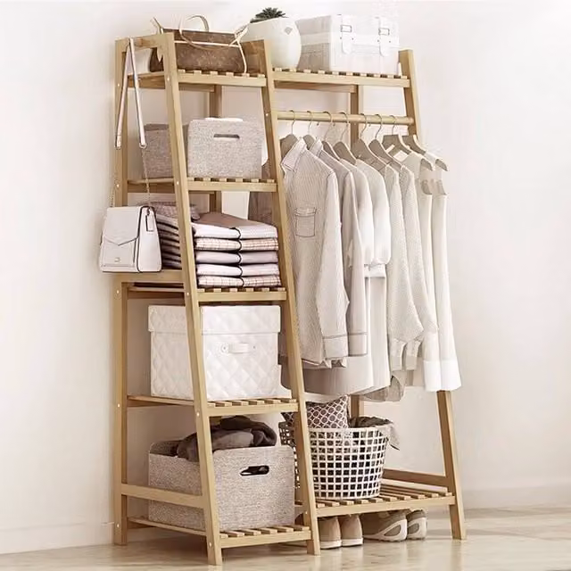 KORVIXA Bamboo Wood Clothes Rail Rack in Brown, H: 81.28 cm, W: 50.0 cm, D: 50.0 cm