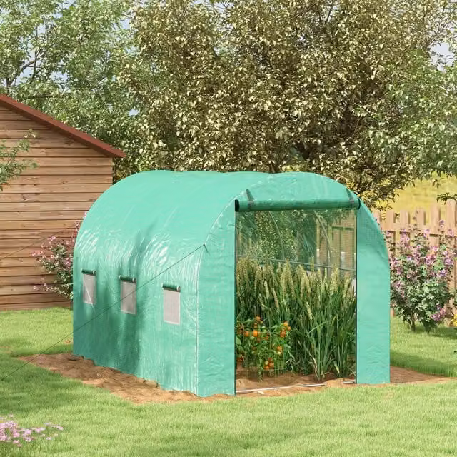OUTSUNNY Green Polytunnel Greenhouse with Sprinkler System, Walk-in Garden Greenhouse with Wide Roll-up Door and 6 Mesh Windows – 1