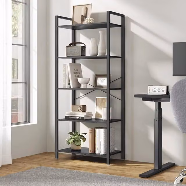 The Bazaarist 5-Tier Industrial Bookshelf with Steel Frame and MDF Shelving in Black and Brown, H 153.0 x W 66.0 x D 30.0 cm