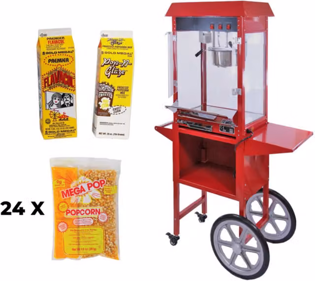 KuKoo Red Popcorn Machine and Cart with 8oz Metal Kettle