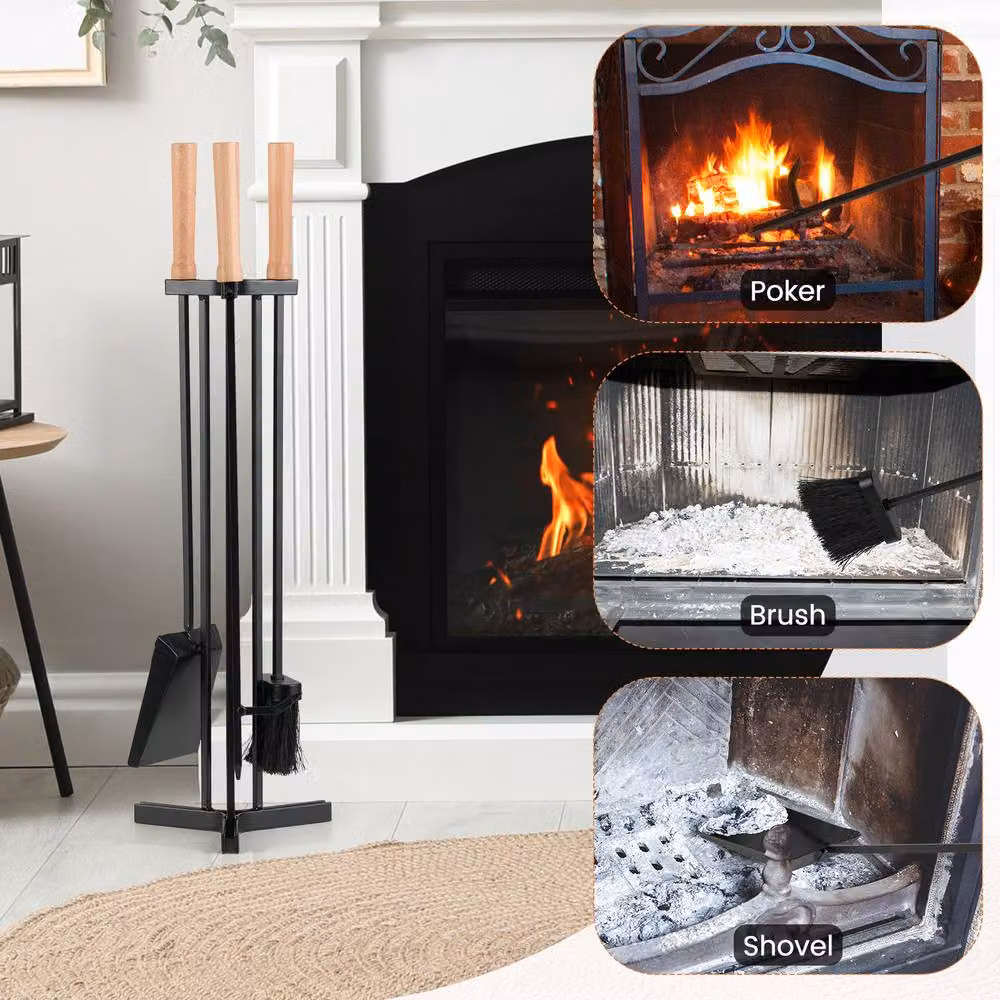 Gymax 4 Piece Heavy-Duty Metal Fireplace Tools Set with Poker in Black – 8