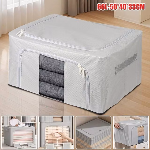 EONLION 4-Piece Set of 66L Folding Fabric Storage Box Organisers in Grey and Transparent – 1