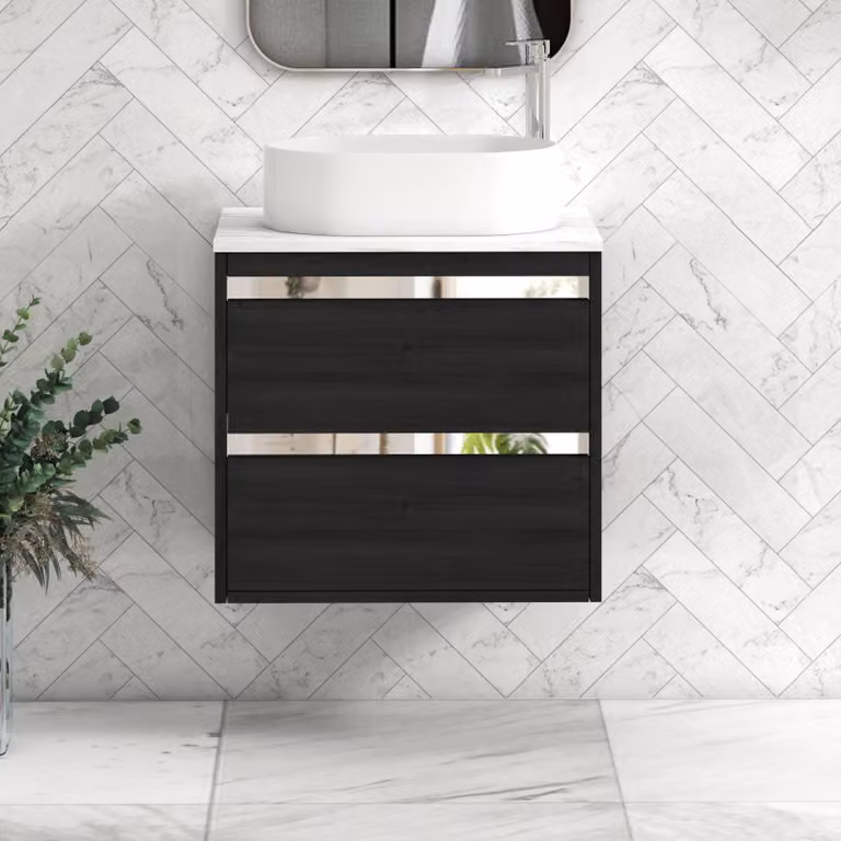 Royal Bathrooms Orion 800mm Hale Black Wall Hung Vanity Unit with Carrara White Countertop, 2 Drawers, Peak Basin and Chrome Accent Trim