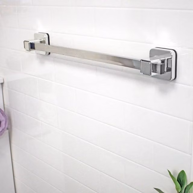 Showerdrape Pushloc Chrome Steel Suction Wall Mounted Towel Rail with 540mm Rail and Mounting Squares in Silver