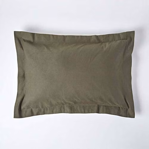 Homescapes Luxury Linen and Combed Cotton Oxford Pillowcase in Khaki Green – 1