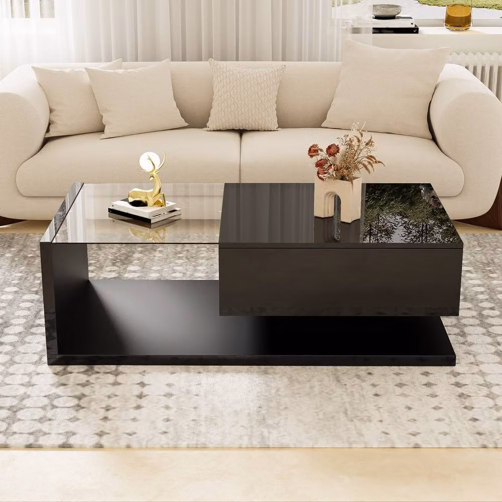 Merax Modern High-Gloss Black Coffee Table with Tempered Glass and LED Lights, W/D/H: 105 x 32.5 x 32.5 cm – 3