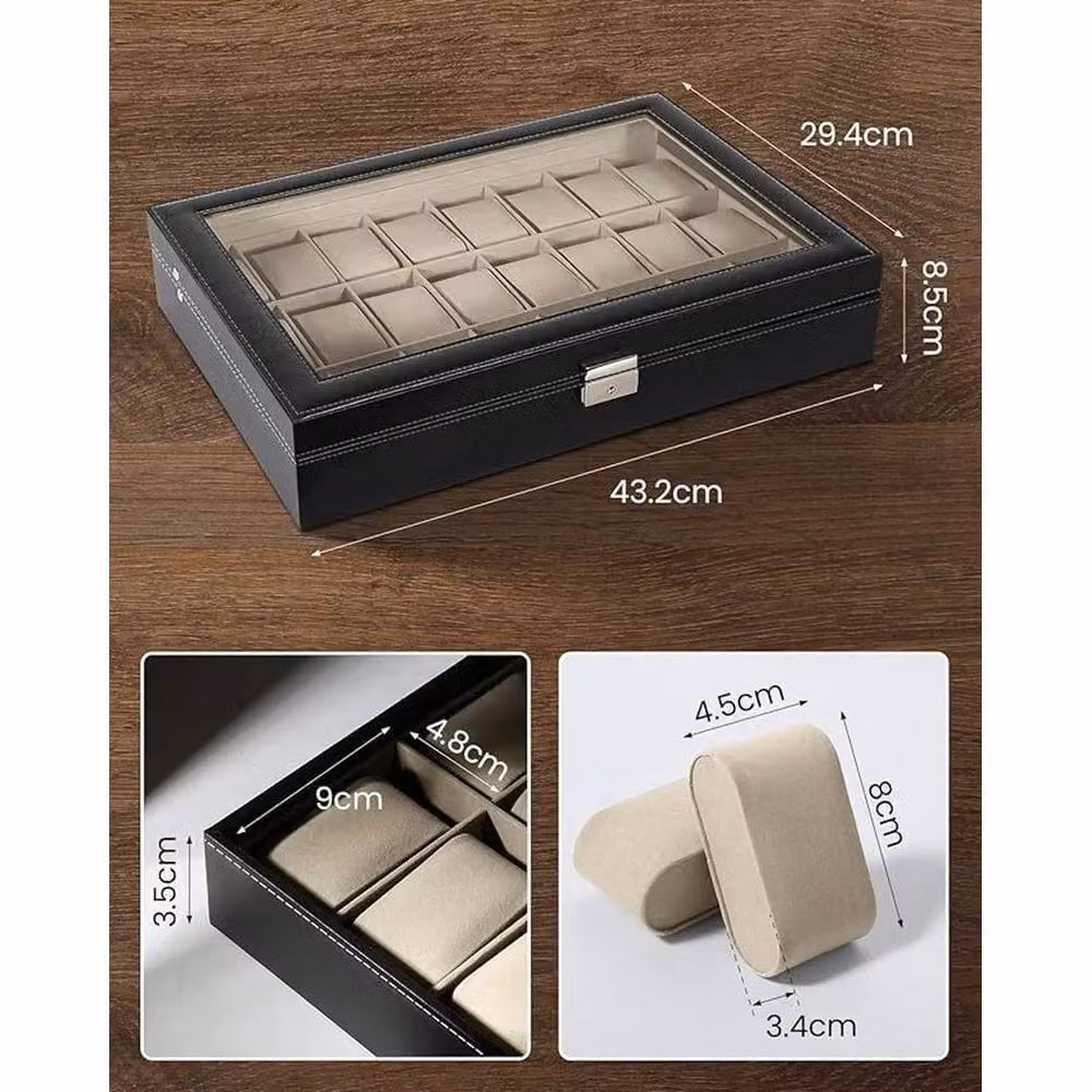 NESTLUNE 24-Grid PU Leather Watch Box Display Case in Black – 3