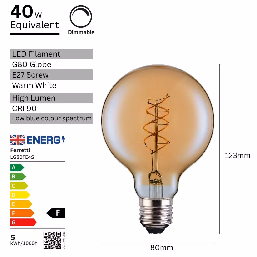 Ferretti Amber Globe E27 LED Spiral Filament Dimmable Bulb Pack of 3 in Transparent Glass – 3