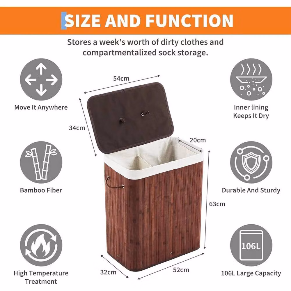 KORVIXA Brown Rectangle Bamboo Laundry Basket with Lid and Removable Bag, W/D/H: 100 x 100 x 63 cm – 2