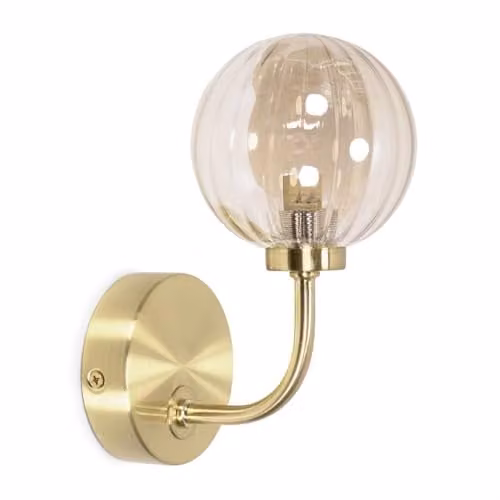 ValueLights Art Deco Gold Metal Wall Light with Amber Ribbed Glass Sphere Shade and LED Bulb – 1