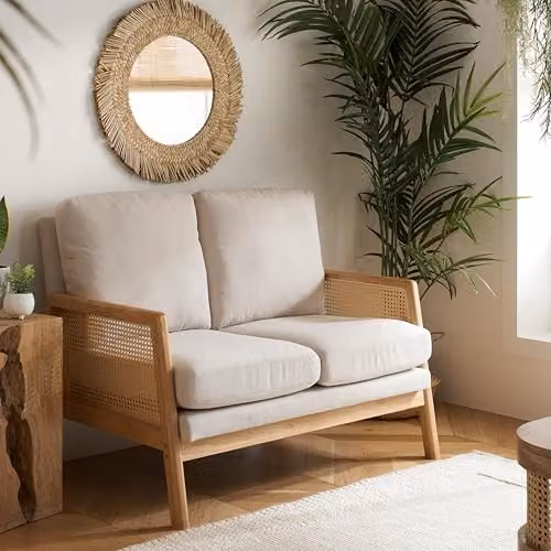 Birlea 2 Seater Rattan Sofa with White Fabric Upholstery – 2