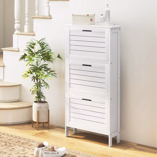 HOMCOM Modern Narrow Shoe Storage Cabinet with 3 Tilting Compartments, White