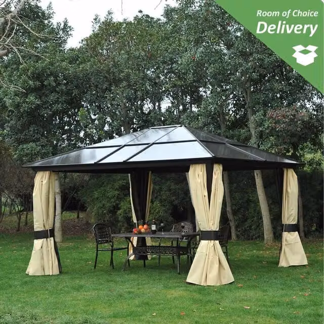 Outsunny Modern Aluminium Gazebo Canopy Marquee Party Tent with Polycarbonate Roof in Black and Beige, W: 4.3 m, D: 3.6 m