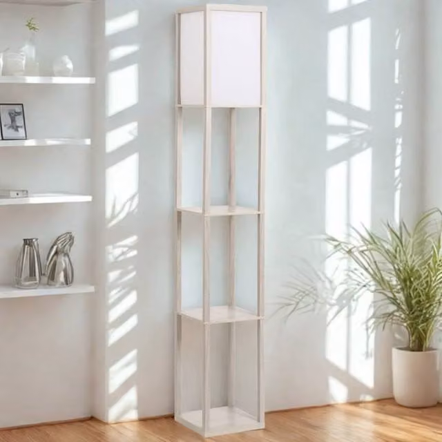 FURNOS Modern Dimmable Floor Lamp with 3 Wood Shelves in White, H 160 x W 26 x D 26 cm