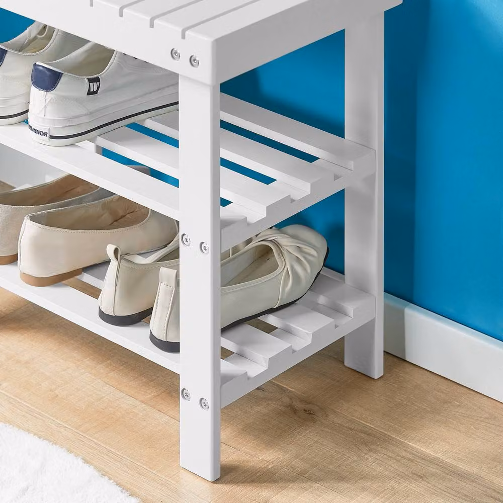 SoBuy White Solid Wood Slatted Entrance Shoe Rack and Bench – 4