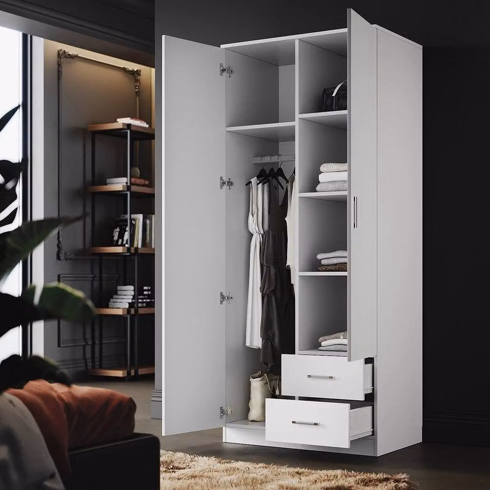 FORGEVIO White Modern 2 Door 2 Drawer Wardrobe with Hanging Rod, H 180 x W 77 x D 50 cm – 4