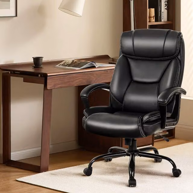 Costway Modern Ergonomic Black Synthetic Leather Swivel Office Chair with Headrest and Armrests