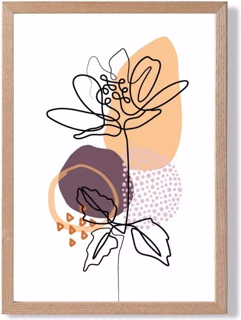 ARTZE Peony Floral Line Art Framed Print with Boho Purple and Orange Shapes in Mid Blue Oak Frame, A2