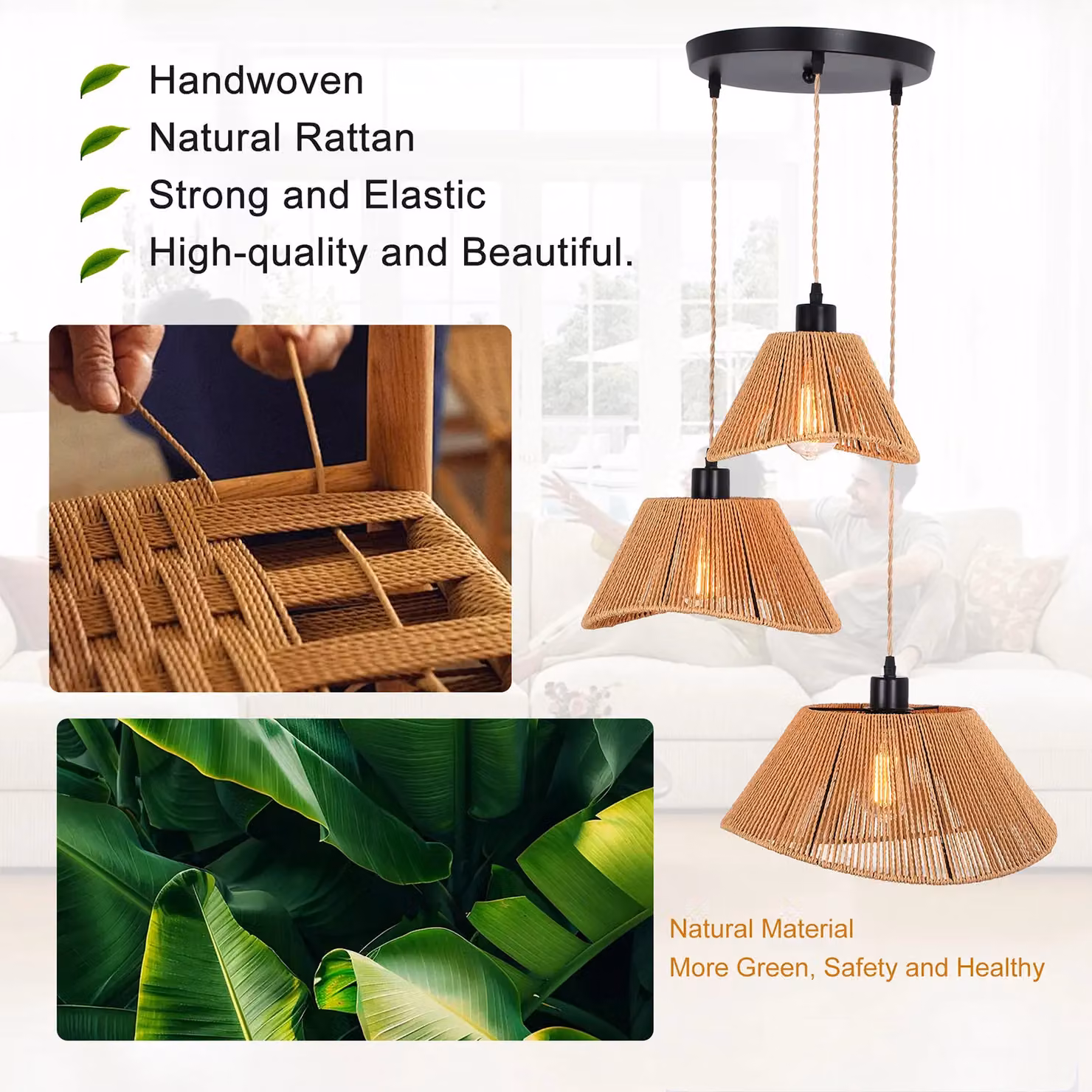 Garwarm 3-Light Cluster Cone Rattan Pendant Light in Bronze – 5
