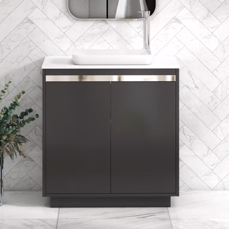 Royal Bathrooms Orion 800mm Matt Obsidian Black and Plain White Floor Standing 2 Door Vanity Unit with Qubix Basin and Chrome Accent Trim