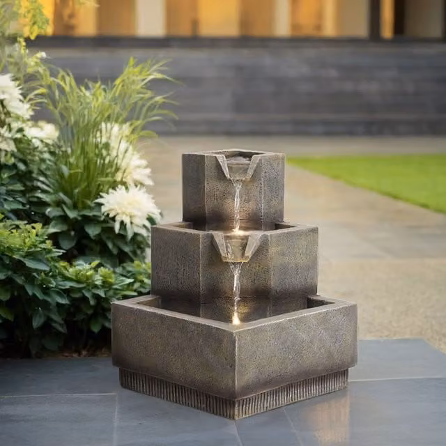 Breeins Grey Stacked Stone Waterfall Electric LED Tabletop Fountain Statue Decoration