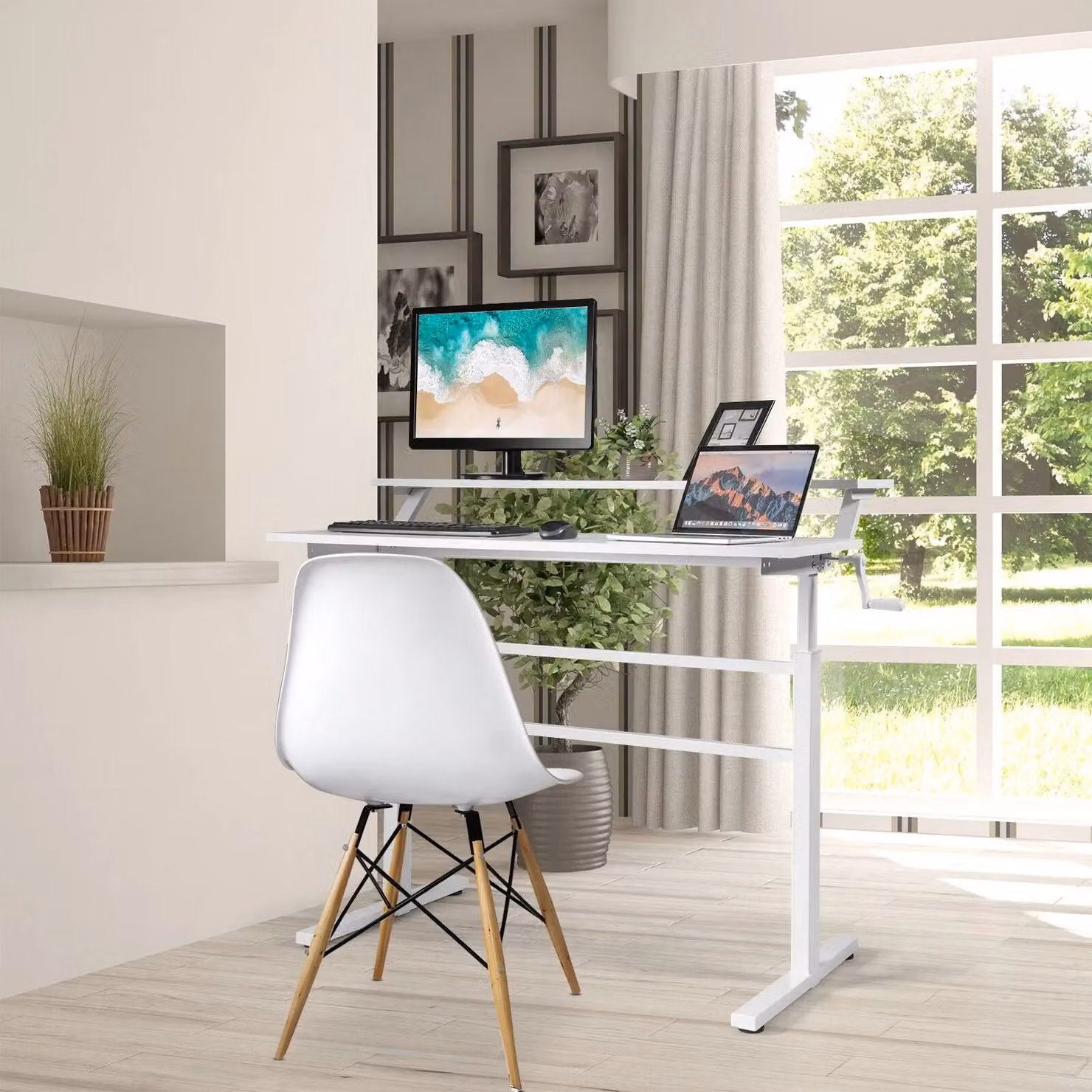 Costway 2-Tier Height Adjustable Sit to Stand Computer Desk with Manual Crank in White – 4