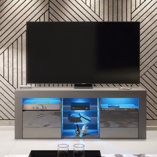 Creative Furniture Pulse TV Unit in Grey with Glossy MDF Doors and Glass Details, W: 145 cm, H: 53 cm, D: 35 cm – 1