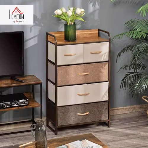 HOMCOM 5 Drawer Fabric Chest of Drawers with Steel Frame in Brown and Multicolour – 1
