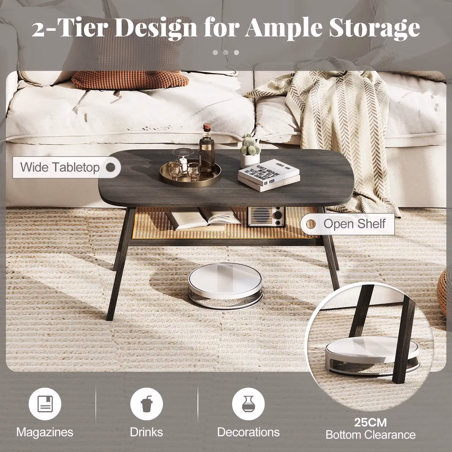 Gymax 2-Tier Rectangular Coffee Table with Storage Shelf in Black – 7