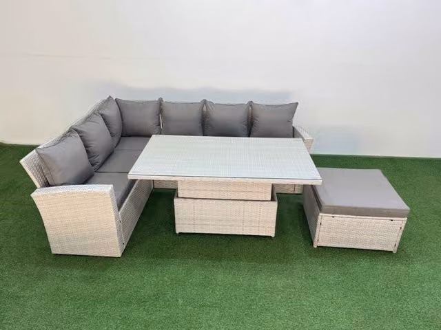 Fimous 7 Seat Garden Furniture Set with Corner Sofa, Armchair and Big Footstool in Light Grey