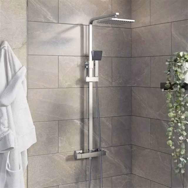 VOGREX Silver Chrome Thermostatic Mixer Shower with Square Rainfall Head and Handset