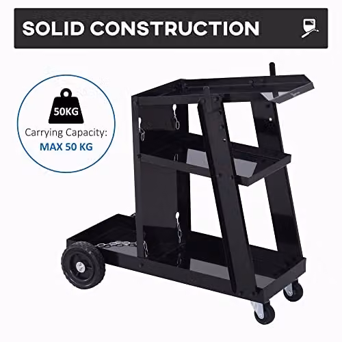 DURHAND Three-Tier Steel Welding Cart with Gas Bottle Storage and Wheels, Black, W/D/H: 70.0 x 50.0 x 39.0 cm – 5