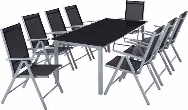 TECTAKE 8 Seater Modern Garden Furniture Set with Rectangular Glass Top and Powder Coated Aluminium Chairs in Grey