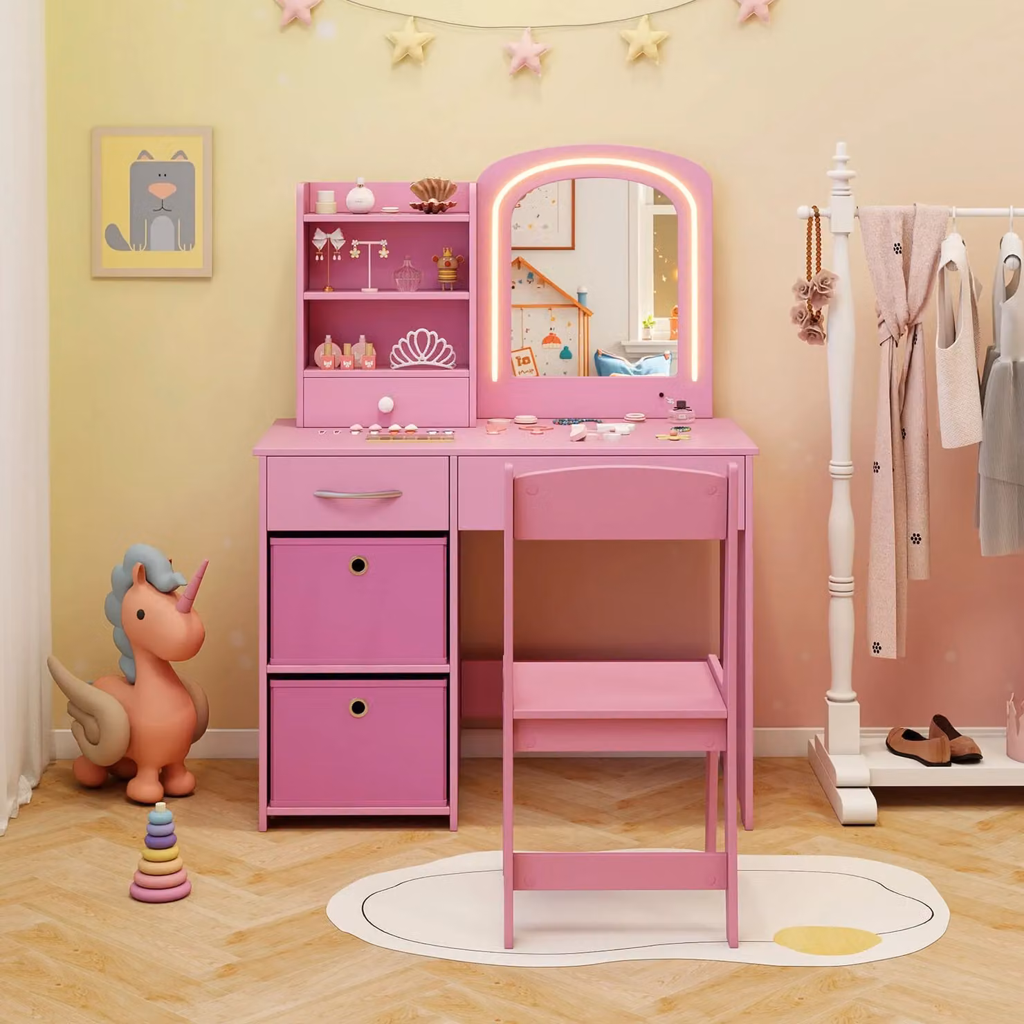 Gymax Princess Vanity Set with LED Hollywood Mirror and Chair in Pink – 2