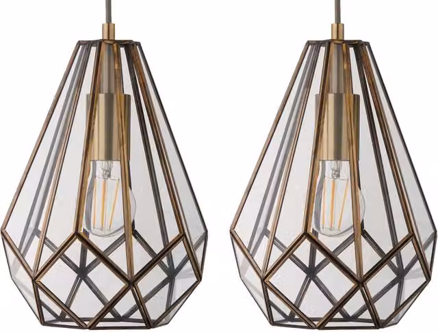 First Choice Lighting Polly Set of 2 Pendant Ceiling Lights in Bronze and Gold Brass with Transparent Glass